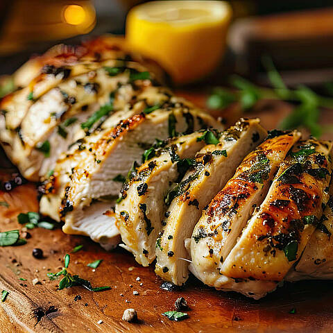 Poitrine de poulet découpée et rôtie aux herbes sur planche de bois
