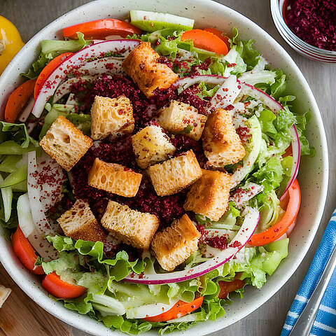 Salade verte aux croûtons et au sumac