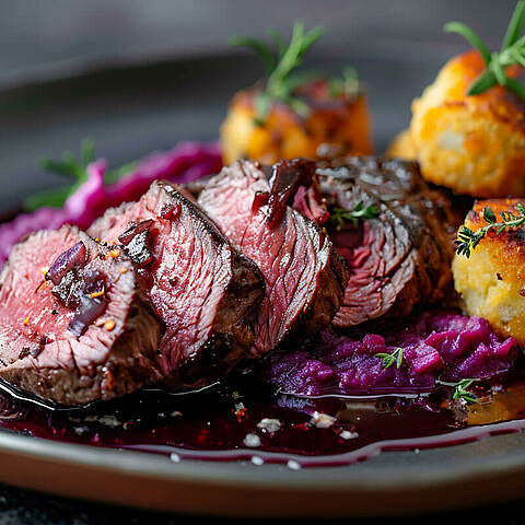 Sauerbraten avec chou rouge et croquettes