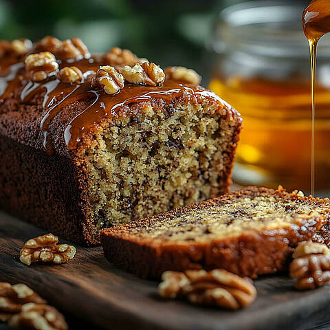 Gâteau au miel avec noix et miel liquide